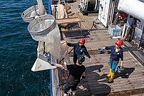 Deployment of a plankton net from research vessel ALKOR during a fisheries biology expedition in the Baltic Sea. 