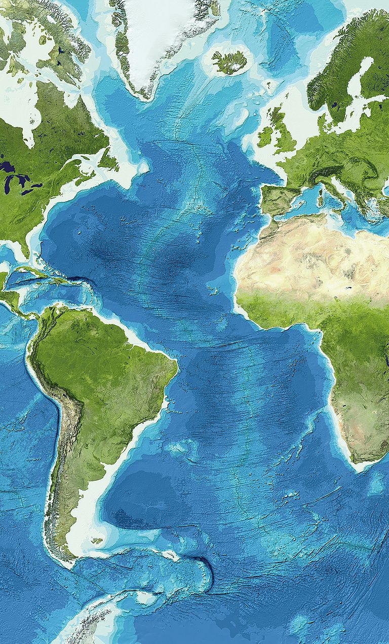 Der Atlantik beeinflusst stark das Leben auf allen angrenzenden Kontinenten. Image reproduced from the GEBCO world map 2014, www.gebco.net