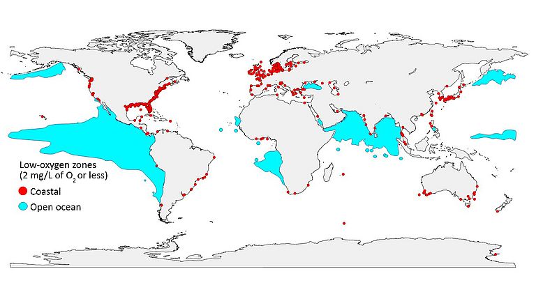 Die Gebiete mit extremer Sauerstoffarmut wachsen sowohl im offenen Ozean als auch in Küstenregionen. Credit: GO2NE working group. Daten vom World Ocean Atlas 2013, Abb. von R. J. Diaz