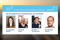 Die Folie zeigt die zwei Preisträgerinnen und zwei Preisträger der Petersen-Nachwuchspreise am GEOMAR: Dr. Jacqueline Bertlich, Dr. Nicole Adam, Dr. Martin Thomas Jahn und Dr. Christoph Böttner.  
