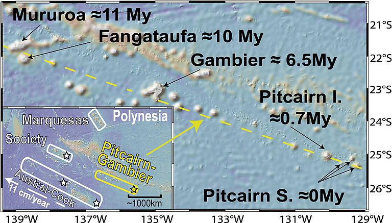 Karte des südwestlichen Pazifiks mit der Insel Pitcairn, auf der die Proben für die Studien gewonnen wurden. Quelle: GEOMAR.
