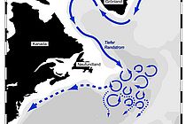 Schema der Tiefenzirkulation im westlichen Nordatlantik: Östlich von Neufundland wird der tiefe Randstrom durch Wirbel aufgebrochen und das nach Süden strömende Tiefenwasser im Ozeaninneren verteilt (IFM-GEOMAR).