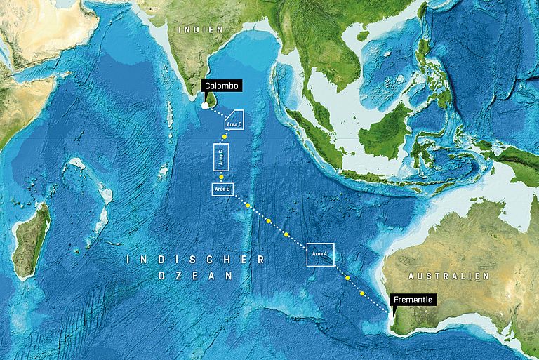 Die geplante Expeditionsroute mit den einzelnen Arbeitsgebieten im Indischen Ozean. Image reproduced from the GEBCO world map 2014, www.gebco.net