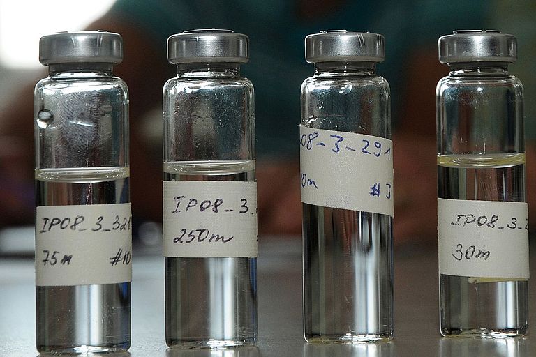 Water samples from the Laptev Sea. Based on water samples taken during summer, scientists can reconstruct the ice formation during winter times.