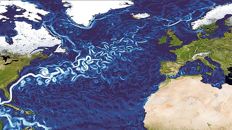 Visualisierung der Oberflächengeschwindigkeiten im nördlichen Atlantik in den hochauflösenden Ozeanmodellen VIKING20X und INALT20. 