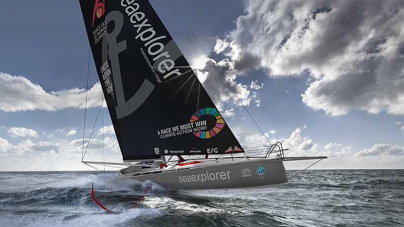 A sailing boat, or rather a racing yacht, on the sea