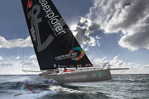 A sailing boat, or rather a racing yacht, on the sea