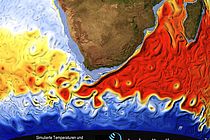Simulierte Temperaturen und Strömungen (Momentaufnahme) um Afrika. Simulation und Darstellung: GEOMAR