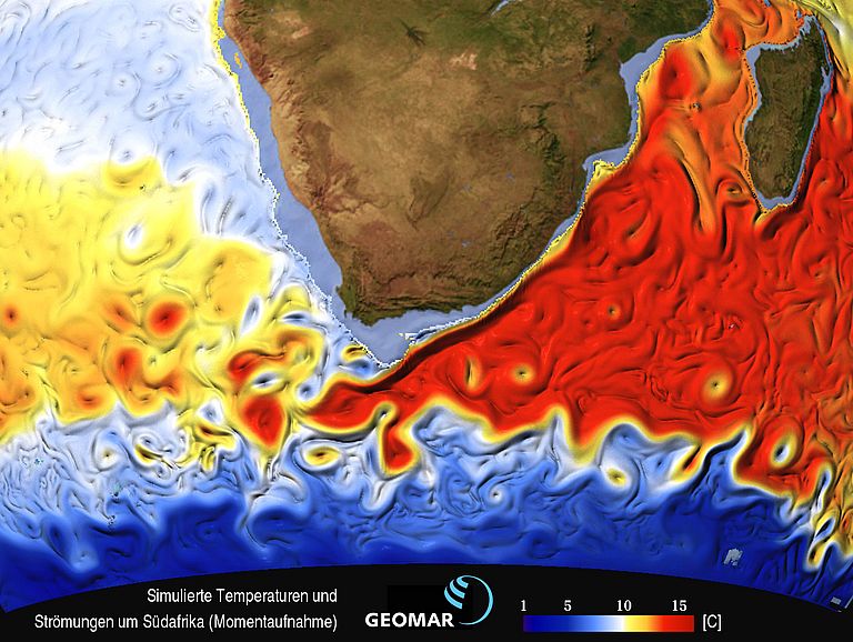 Simulierte Temperaturen und Strömungen (Momentaufnahme) um Afrika. Die starken Strömungen in der Region verdriften auch Foraminiferen, die als Klimaarchiv genutzt werden. Simulation und Darstellung: GEOMAR