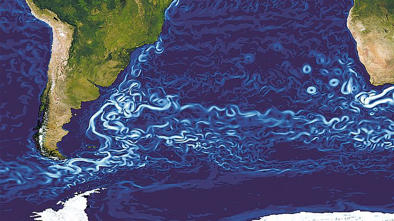 Surface velocities in the southern Atlantic. Modelling: Klaus Getzlaff and Franziska Schwarzkopf / GEOMAR, Visualisation: Tobias Schulzki / GEOMAR