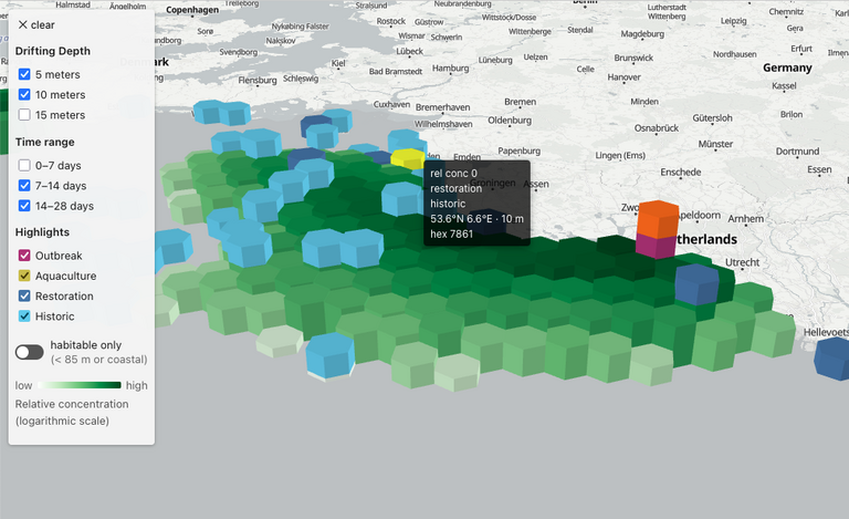 Screenshot of a map of the North Sea, coloured in different colours