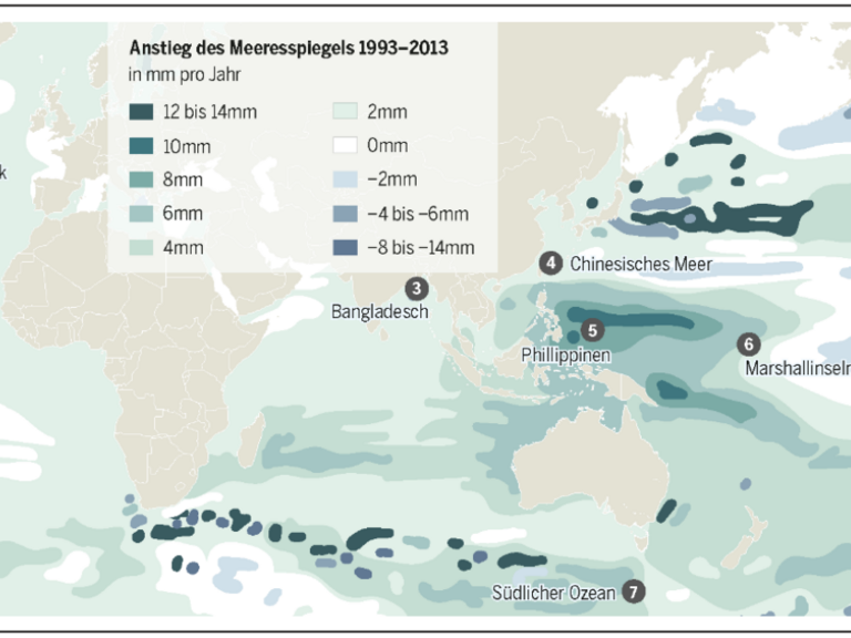 Beobachteter Meeresspiegelanstieg 1993-2013. Grafik: Petra Böckmann/Heinrich-Böll-Stiftung. (CC BY 4.0)