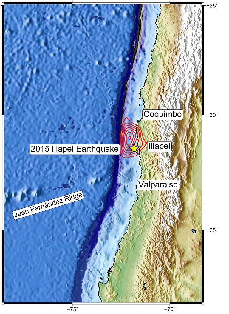More detailed map of the Illapel quake. Graphic: Dietrich Lange, GEOMAR