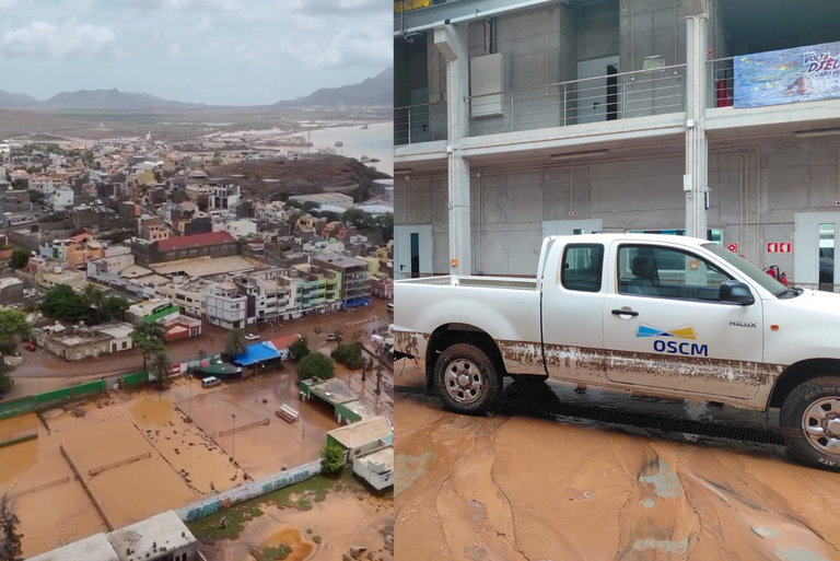  On the left is an aerial view of Mindelo, where everything in the city is covered in mud. On the right is a car in your factory hall. The mud trail shows that the water must have been knee-high.
