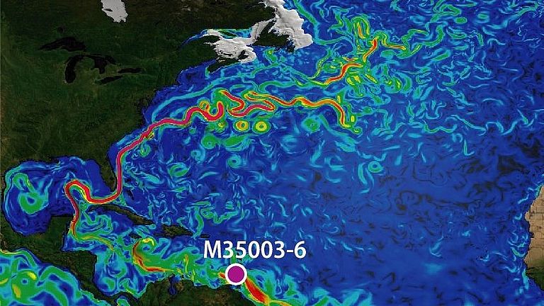 Modellsimulation der Oberflächenströmungsgeschwindigkeit im Atlantik