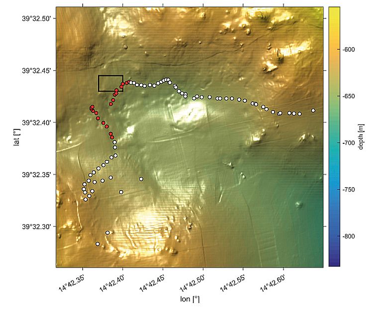 Vorläufige Auswertung der Daten vom Palinuro-Vulkankomplex. Die Daten deuten darauf hin, dass die hydrothermal aktive Zone am Palinuro größer ist als bisher angenommen. Visualisierung: Marion Jegen, GEOMAR