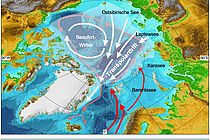 Die Transpolardrift verbindet die arktischen Schelfmeere mit der Framstraße zwischen Spitzbergen und Grönland. Deutsche und russische Forscher wollen gemeinsam die Auswikrungen des Klimawandels auf dieses System untersuchen. Grafik: GEOMAR