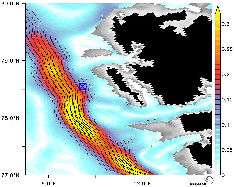... Im Vergleich der beiden Momentaufnahmen ist deutlich zu sehen, wie sich zu unterschiedlichen Zeiten die Strömungsverhältnisse direkt an den untersuchten Methanquellen (blaues Quadrat) unterscheiden. Eine Übersicht über die modellierten Strömungen im Nordatlantik bietet die Animation unten auf dieser Seite.  Simulation und Visualisierung: GEOMAR.