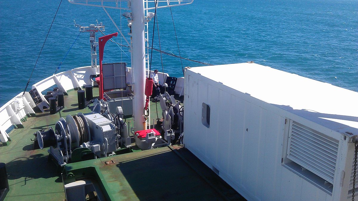 Eddy covariance setup on board the R/V Meteor. In picture: front of the ship from birds perspective