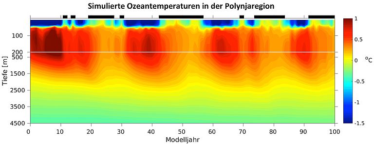 Simulierte Temperaturentwicklung im Ozean in der Polynjaregion. Deutlich zu erkennen sind die kalte Isolationsschicht (blau) an der Oberfläche und das warme Wasser (rot) darunter, welches in Zyklen von mehreren Dekaden seine Wärme durch die Polynja an die Atmosphäre abgibt. Jahre mit Polynja sind durch schwarze Balken am oberen Rand markiert.