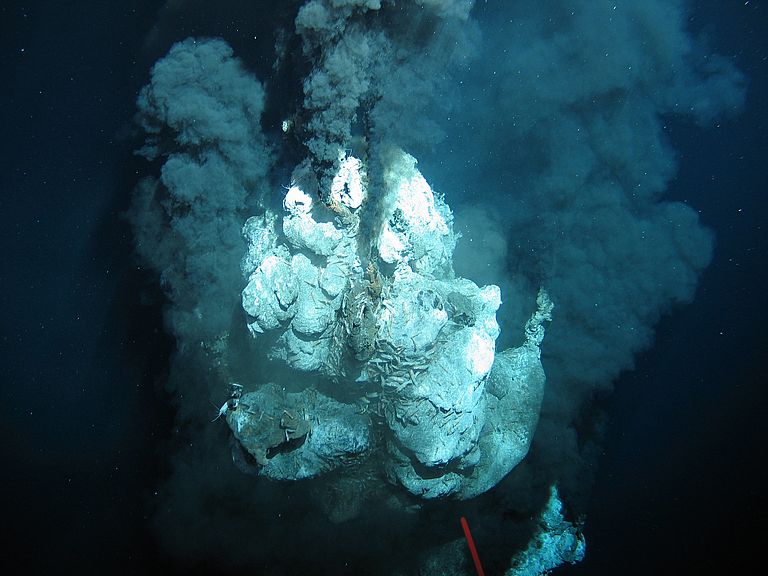 Ein "Schwarzer Raucher" im Atlantik in etwa 3000 Metern Wassertiefe. An solchen Hydrothermalquellen lagern sich viele wertvolle Mineralien ab. Sie gehören zu den drei Gruppen von Tiefsee-Rohstofflagern, deren Abbau aktuell wieder diskutiert wird. Foto: ROV KIEL 6000, GEOMAR