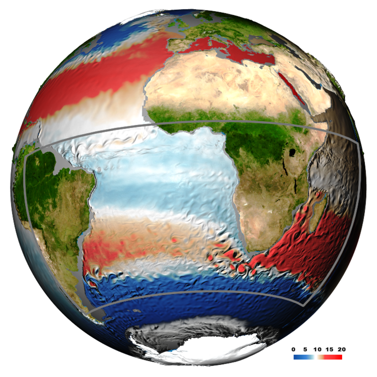Momentaufnahme der Temperatur (Schattierung in °C) und der Geschwindigkeiten in 250-400 m Tiefe in einem hochauflösenden Ozeanmodell. Quelle GEOMAR.
