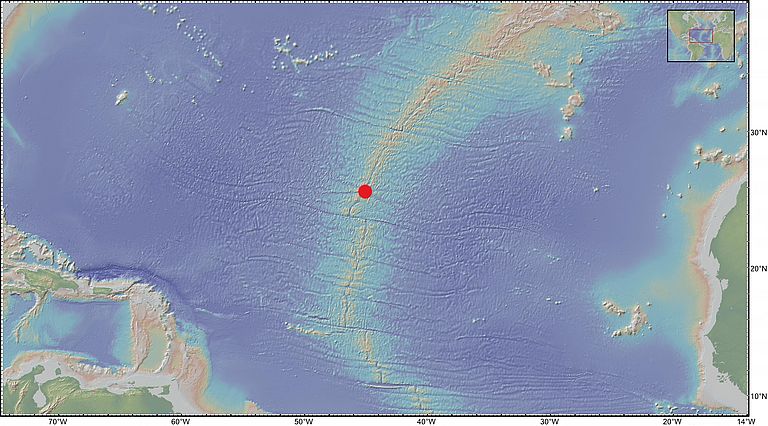 Bei 26°N liegt auf dem Mittelatlantischen Rücken das Hydrothermalfeld TAG. Seine Umgebung soll in Zukunft genauer erforscht werden.