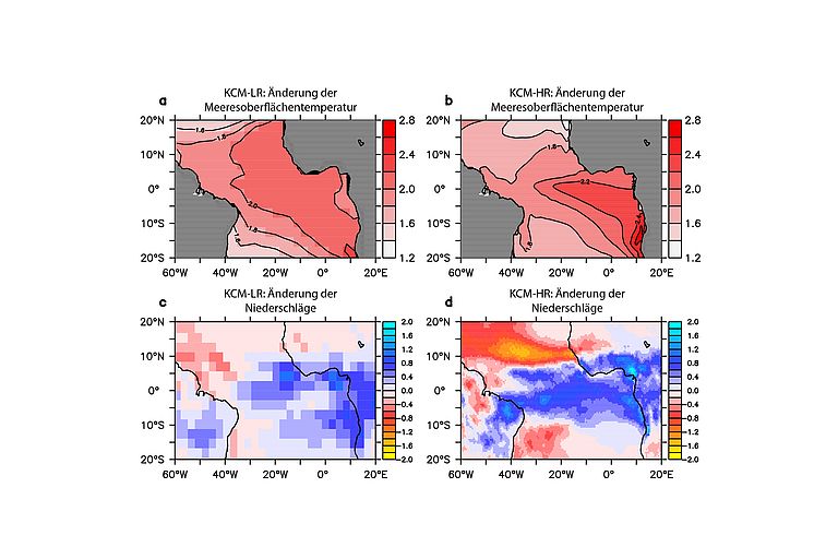 Änderungen der Meeresoberflächentemperatur und des Niederschlages in einem Klimaänderungsexperiment im Bereich des tropischen Atlantiks in einer grob (a, c) und fein (b, d) aufgelösten Modellversion. Nach Park und Latif, 2020.