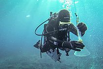 [Translate to English:] Ein Forschungstaucher untersucht Gasblasen vor der italienischen Insel Panarea. Foto: Christian Howe, http://www.h2owe.de/