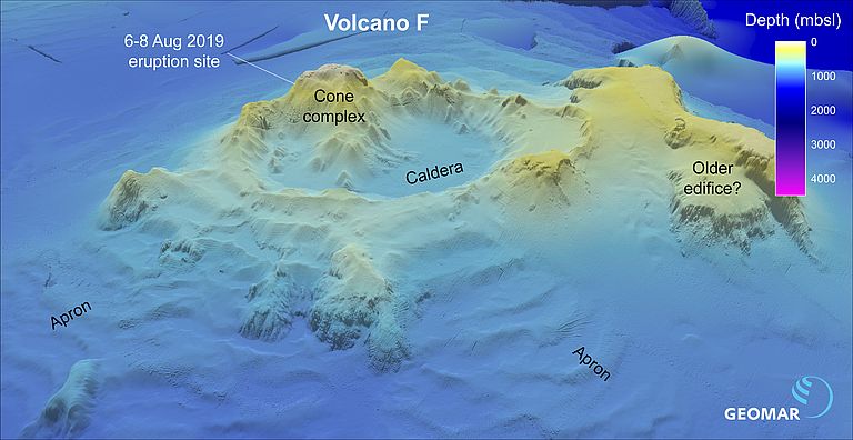 Darstellung des "Vulkan F" anhand älterer bathymetrischer Daten. Grafik: Philipp Brandl/GEOMAR