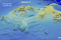 Darstellung des "Vulkan F" anhand älterer bathymetrischer Daten. Grafik: Philipp Brandl/GEOMAR