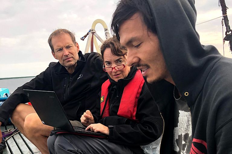  Ulf Riebesell, Andreas Ludwig and Jan Taucher in der work boat 'Wassermann'