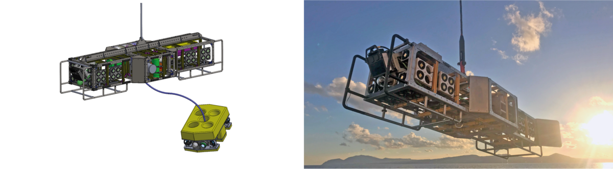 Konzeptzeichnung bzw. Fotografie des MOMO-Kameraschlittens und des KASSIOPEIA ROV