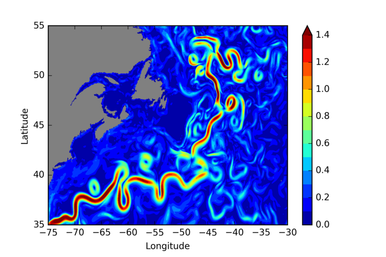 Momentaufnahme der Oberflächenströmung (in m/s) in einem hochauflösenden Ozeanmodell des GEOMAR. Quelle: R. Abel, GEOMAR.