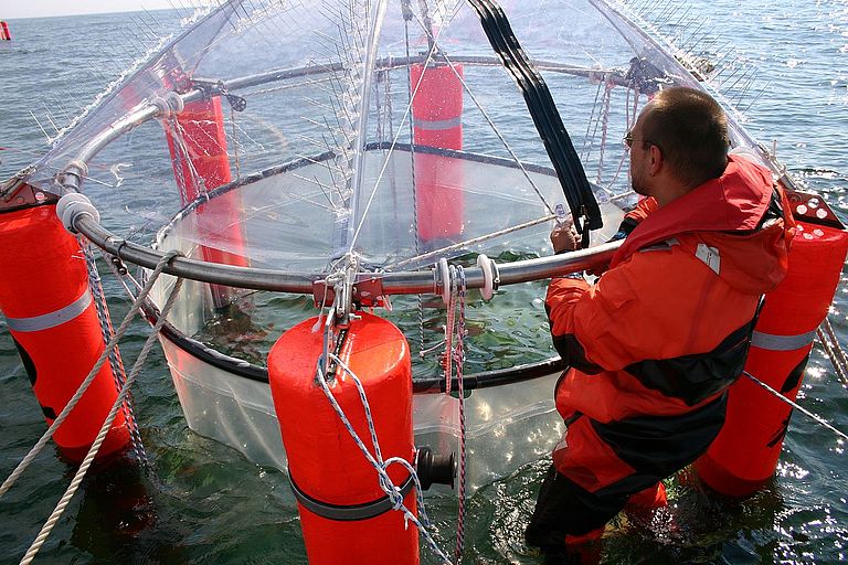 Wissenschaftler und Mesokosmos in der Ostsee. Foto: Jens Klimmeck