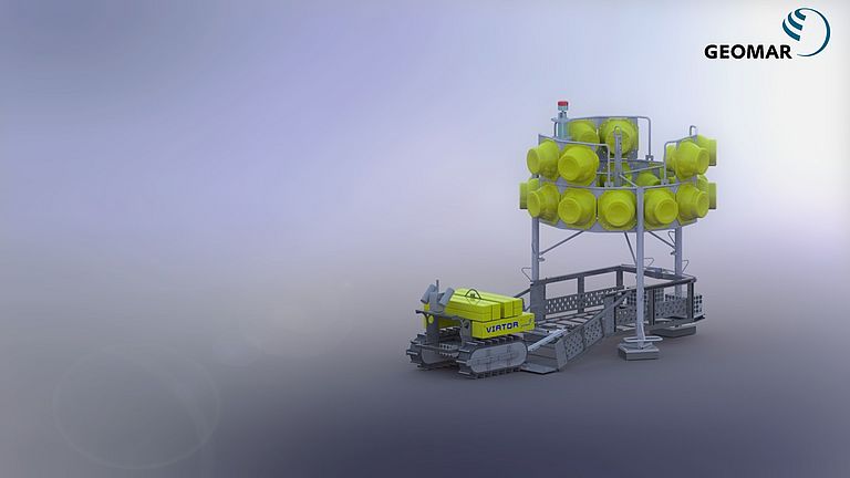 Design-Studie für den Tiefsee-Crawler mit Docking-Station in einem Lander-Gestell. Grafik: GEOMAR