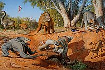 Illustration of a range of now-extinct megafauna that were present when humans first arrived in Australia (by Peter Trusler).