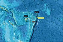Das Hydrothermalfeld am Niua-South-Vulkan liegt im Lau-Becken zwischen Fidschi und Samoa. Image reproduced from the GEBCO world map 2014, www.gebco.net