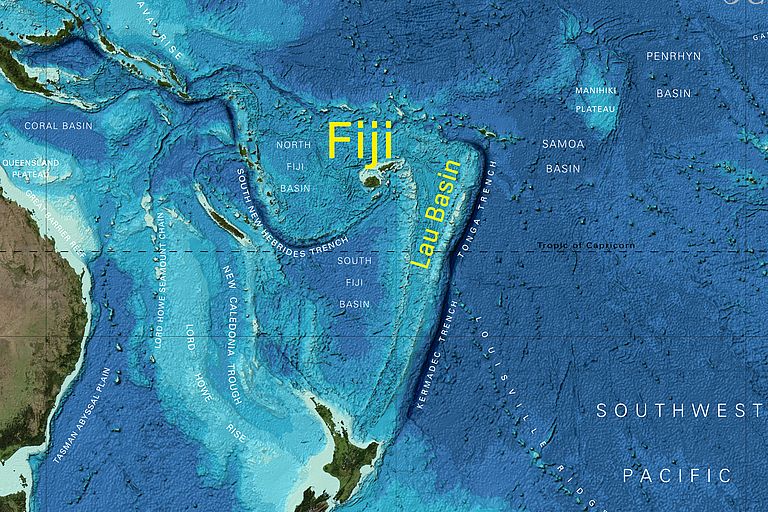 The Lau basin east of Fiji is the work area of the expedition SO267. Source:  Image reproduced from the GEBCO world map 2014, www.gebco.net
