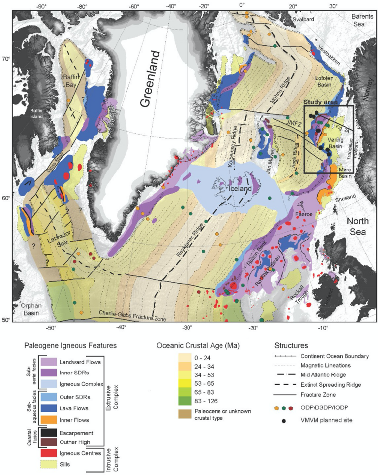 Geologische Karte des Nordostatlantiks mit dem Arbeitsgebiet vor der norwegischen Küste. Nach Huismans et al. 2019.