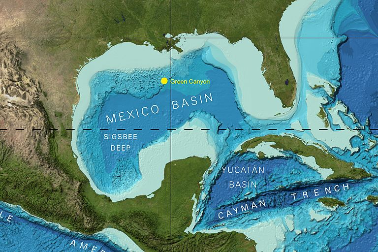 Karte des Golfs von Mexiko. Der gelbe Punkt markiert den Green Canyon. Image reproduced from the GEBCO world map 2014, www.gebco.net