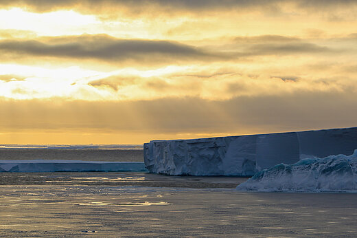 Eisberge auf dem Meer in goldenem Sonnenlicht