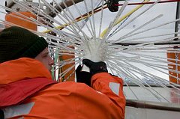 Biologe Jan Czerny bringt die Mesokosmen mit einem Spezialgerät auf verschiedene CO2-Niveaus. Foto: Maike Nicolai, IFM-GEOMAR