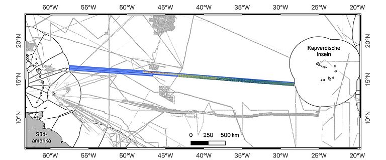 Karte des bislang vermessenen Gebietes und der Plan für den 2. Fahrtabschnitt (blaue Linien). In Grau sind die sonstigen bisher kartierten Bereiche markiert, die schwarze Linien markieren die Grenzen der EEZ der Anrainerstaaten. Grafik: GEOMAR.