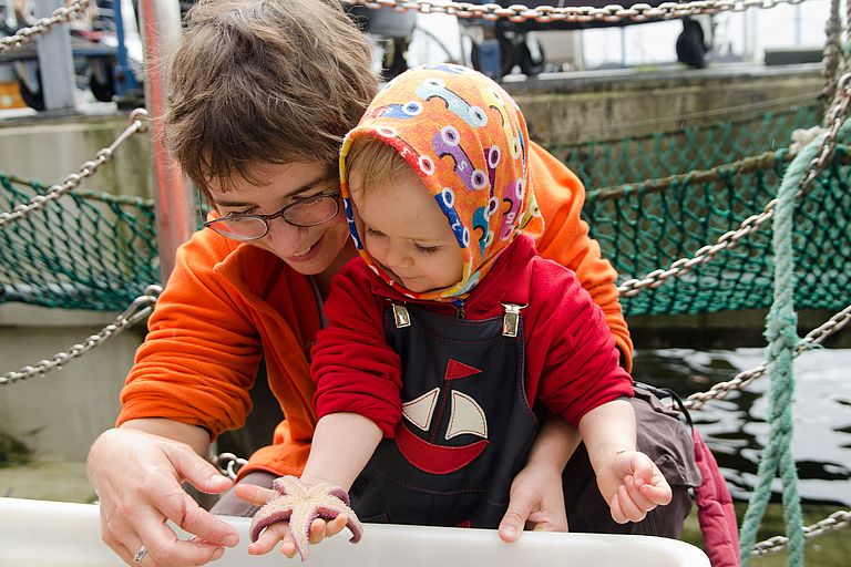 Young visitors can experience marine science first hand with starfish, crabs, etc on RV ALKOR. Photo: Jan Steffen, GEOMAR
