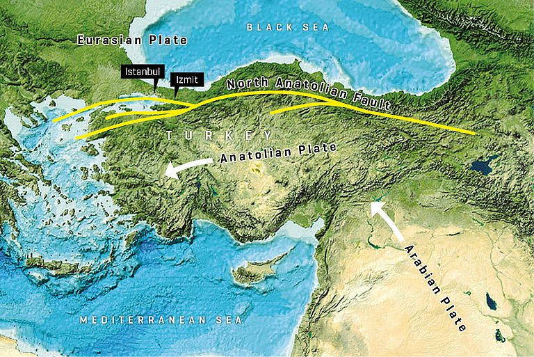 Entlang der Nordanatolischen Verwerfung schieben sich Anatolien und die Eurasische Erdplatte aneinander vorbei. Image reproduced from the GEBCO world map 2014, www.gebco.net