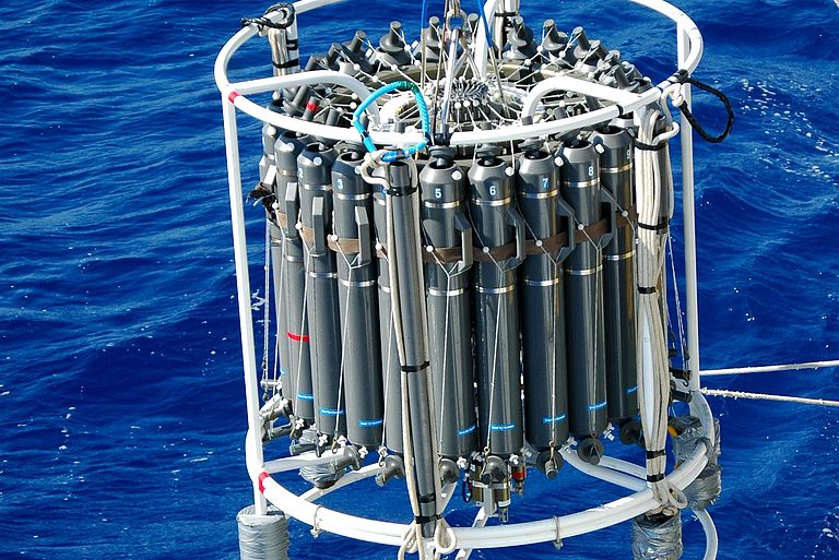  A device used to collect deep water, called a CTD-rosette, being deployed to collect Atlantic Ocean Deep water samples in the Bermuda Atlantic Time-series Study (BATS).