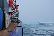 Bordwand der POLARSTERN und vereistes Meer