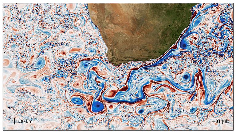 Mesoscale and submesoscale currents in the ocean south of Africa. A zoom into snapshots of surface normalised relative vorticity (a measure of rotation and turbulence) from a 1/60° of horizontal resolution numerical simulation. Graphic: Arne Biastoch, Franziska Schwarzkopf, GEOMAR