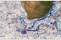 Mesoscale and submesoscale currents in the ocean south of Africa. A zoom into snapshots of surface normalised relative vorticity (a measure of rotation and turbulence) from a 1/60° of horizontal resolution numerical simulation. Graphic: Arne Biastoch, Franziska Schwarzkopf, GEOMAR